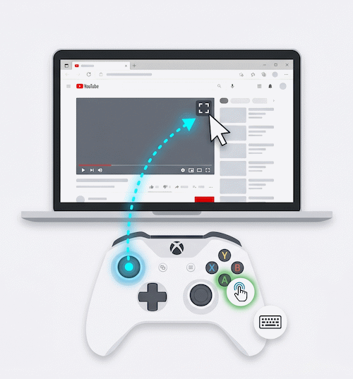 Xbox controller with the left stick moving a cursor on a laptop and the A button highlighted as click