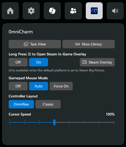 OmniCharm Game Bar widget with Mouse Mode and Steam Overlay toggles